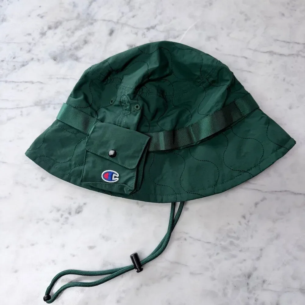 Champion UO Taslan Quilted Green Bucket Hat with Detachable Pocket White L/XL